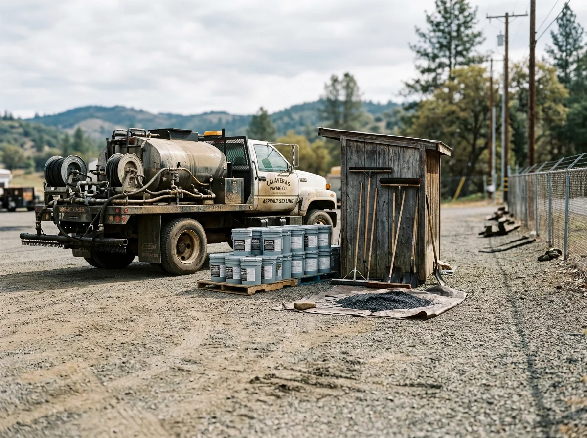 Professional asphalt paving and patching equipment on job site, showing tools and materials ready for application.