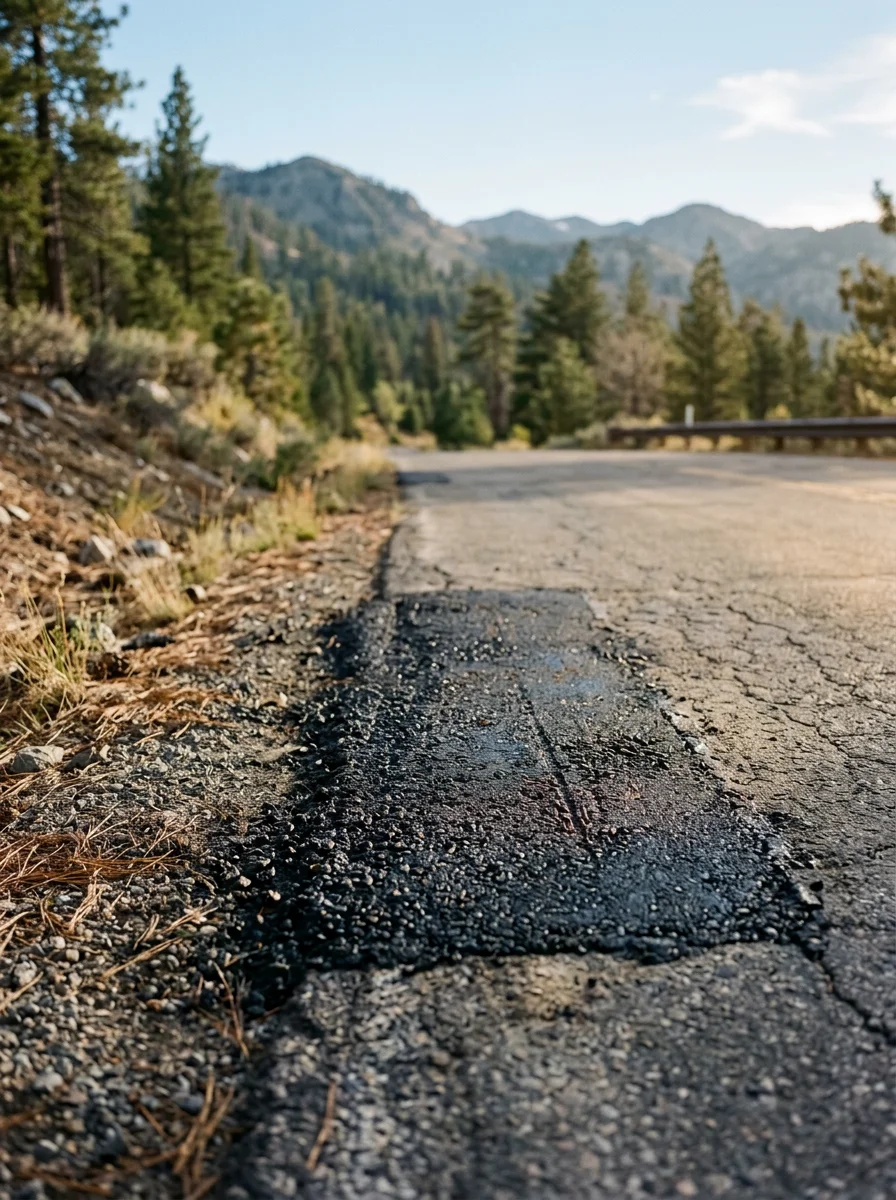 Fresh asphalt patch repair on a high-elevation driveway near Markleeville, Alpine County, with dark new material contrasting against the weathered surrounding surface.