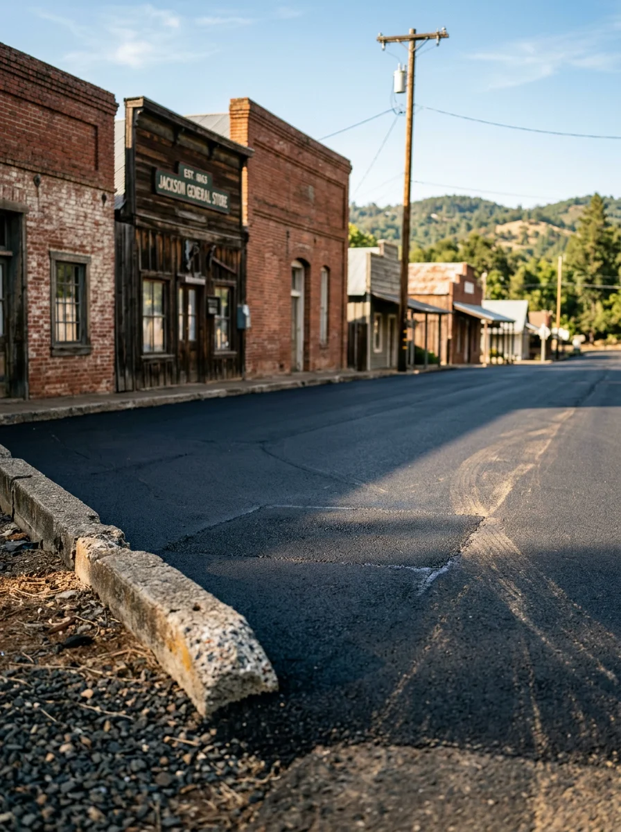 Freshly patched and seal-coated asphalt surface on a commercial property in Jackson, Amador County, showing smooth dark pavement against an older building facade.