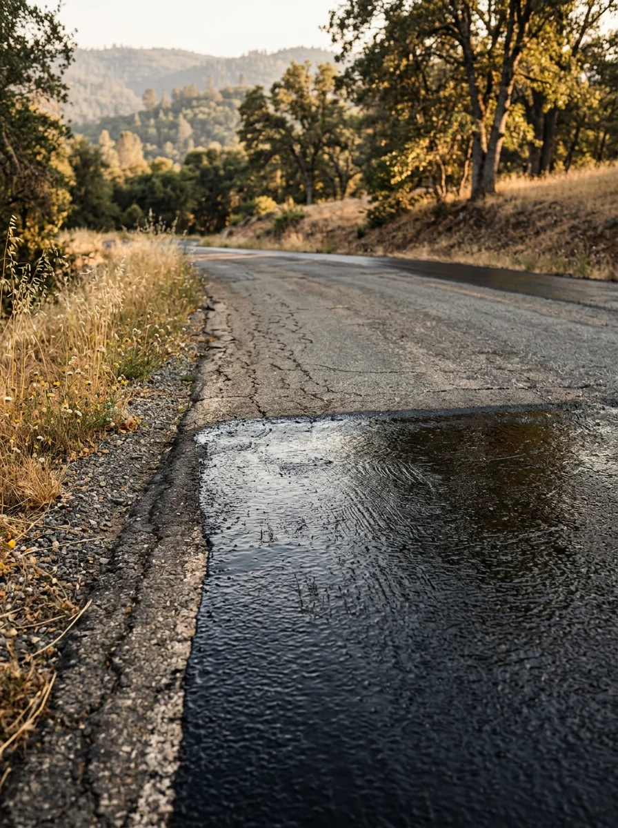 Close-up of seal coat being applied to a rural asphalt driveway in the Calaveras County foothills, showing the dark protective surface finish.