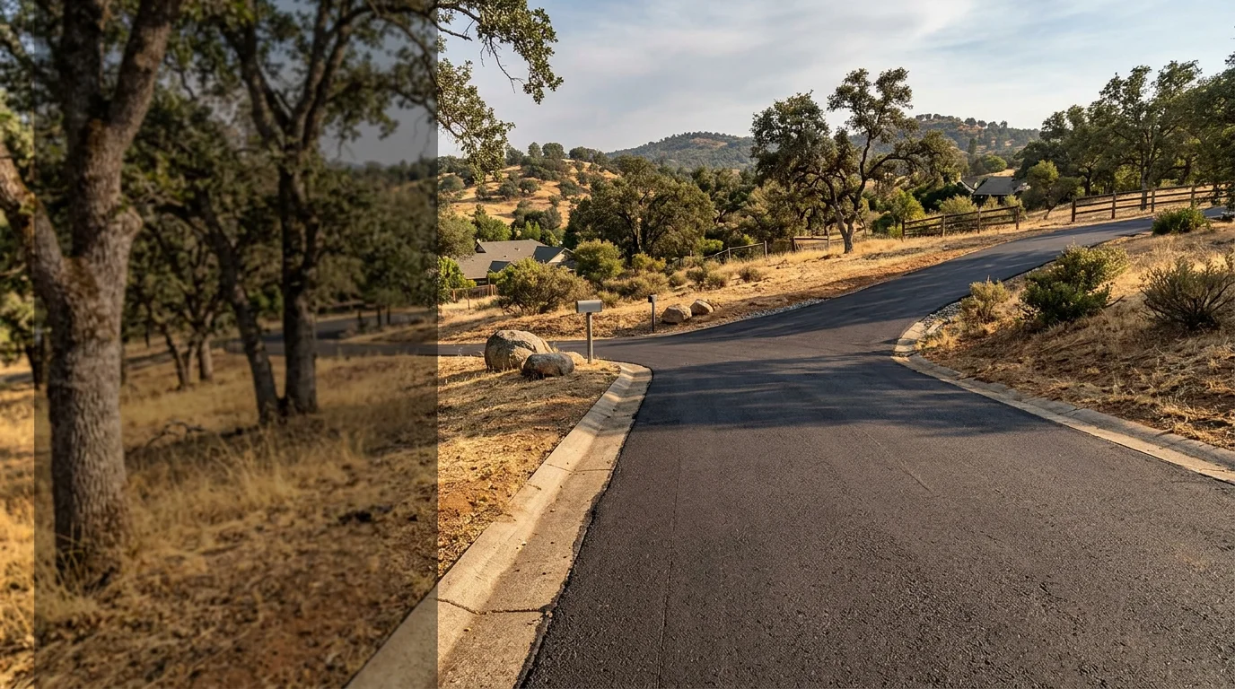 Freshly paved asphalt driveway on a sloped foothill lot in Calaveras County, California, with dry oak-covered hills in the background.
