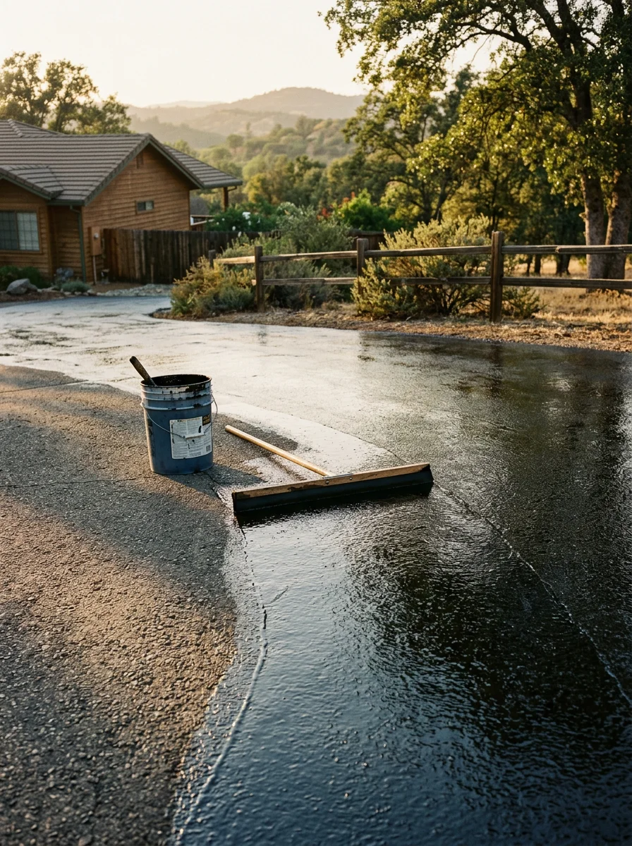 Seal coat application on a Cameron Park residential driveway in El Dorado County, showing the dark protective coating being spread evenly across the existing asphalt surface.