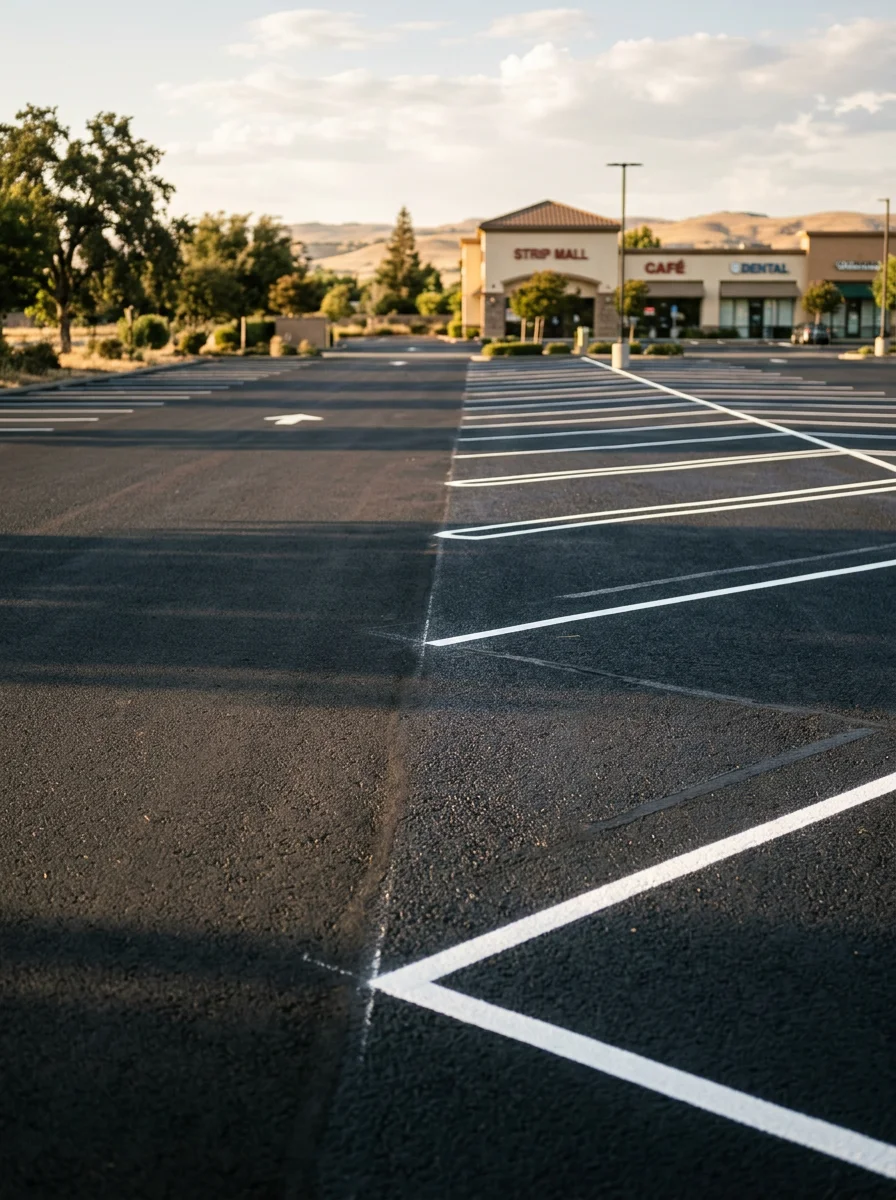 Freshly striped commercial parking lot in Elk Grove, Sacramento County, showing bright white lines on dark new asphalt with a retail shopping center in the background.