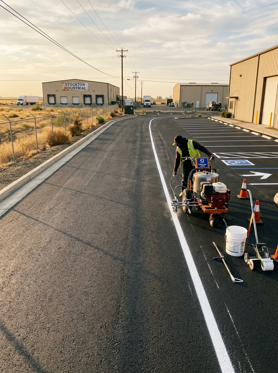 Parking lot striping in progress on a newly paved commercial lot in Stockton, San Joaquin County, showing bright white lines being applied to dark fresh asphalt.