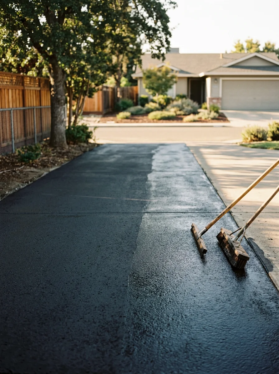 Seal coat application on a residential driveway in Turlock, Stanislaus County, showing the dark protective coating being spread across the existing asphalt surface.