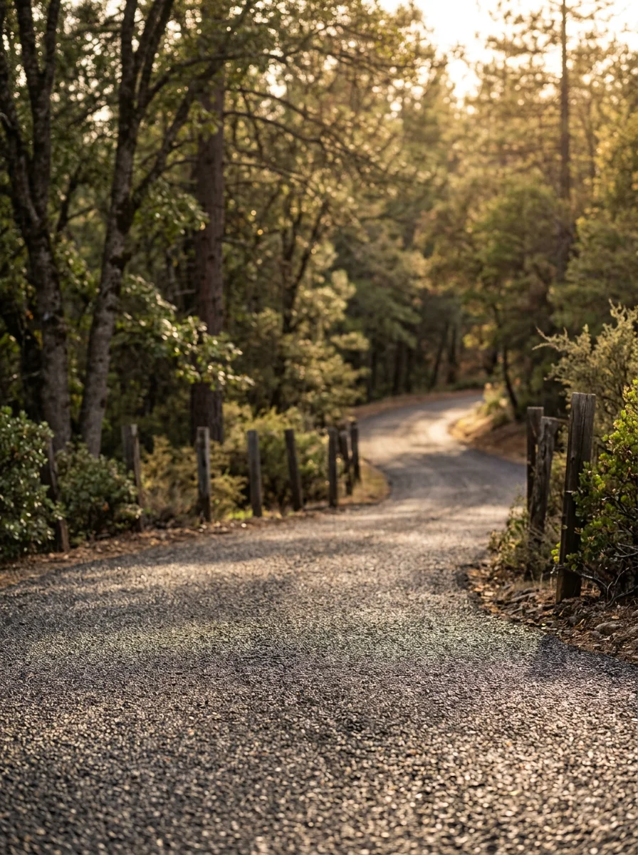 Freshly chip-sealed rural driveway in Tuolumne County, California, showing textured aggregate surface winding through oak and pine trees.