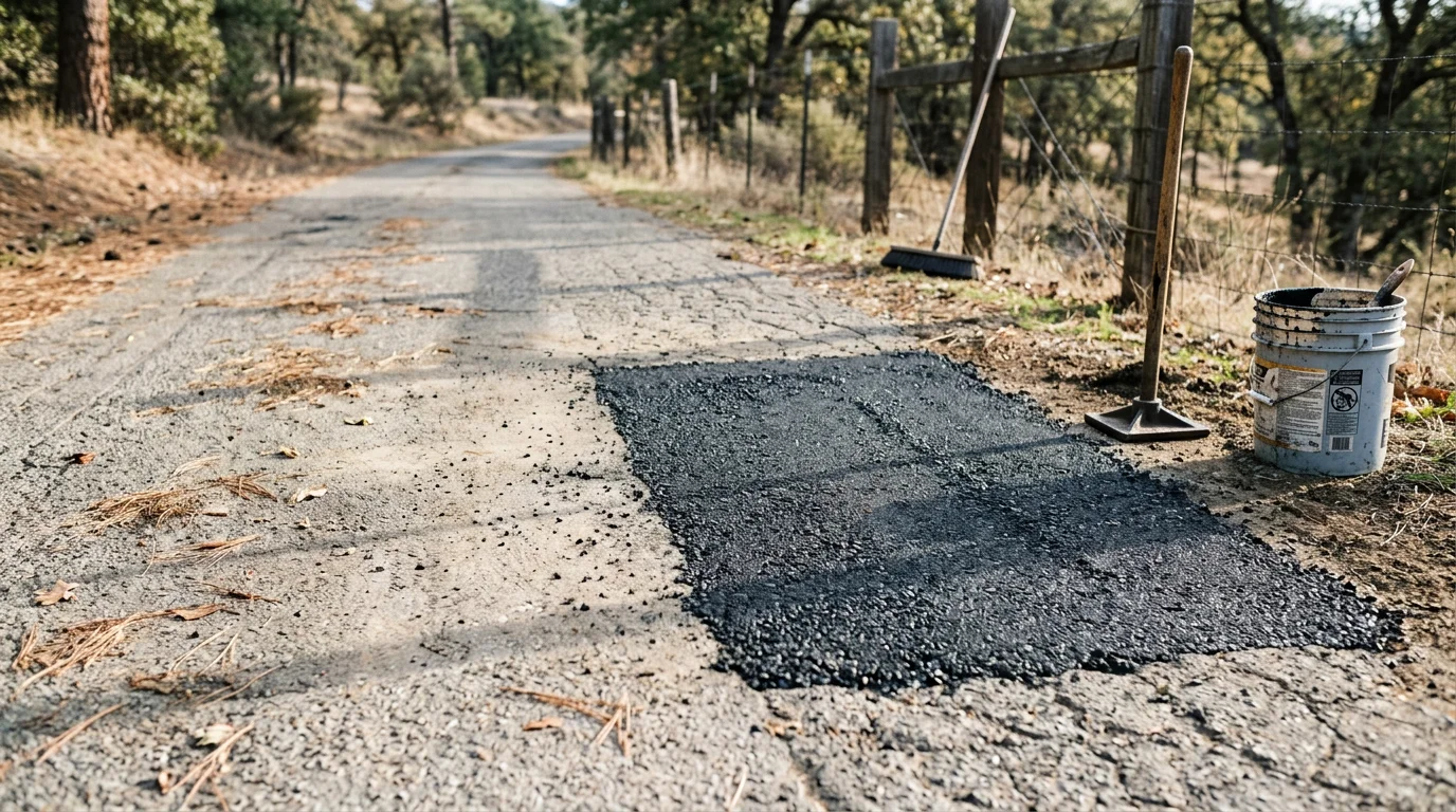 A freshly patched asphalt driveway in Calaveras County with a smooth, flush repair surface blending into the surrounding pavement. The patch shows clean edges and uniform compaction typical of foothill residential paving work.