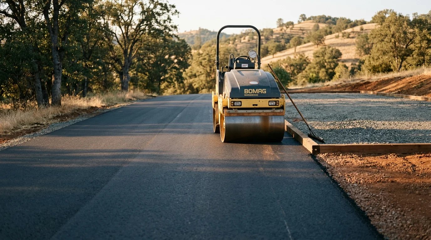 Freshly paved asphalt driveway on a rural Calaveras County property with a smooth, dark surface leading toward a hillside home. The paved surface shows clean edges and proper drainage slope away from the structure.