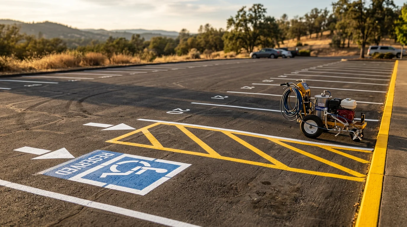 Freshly striped commercial parking lot in Calaveras County, California, showing bright white parking stall lines, a clearly marked ADA-accessible space with access aisle, and a directional arrow on dark asphalt pavement.