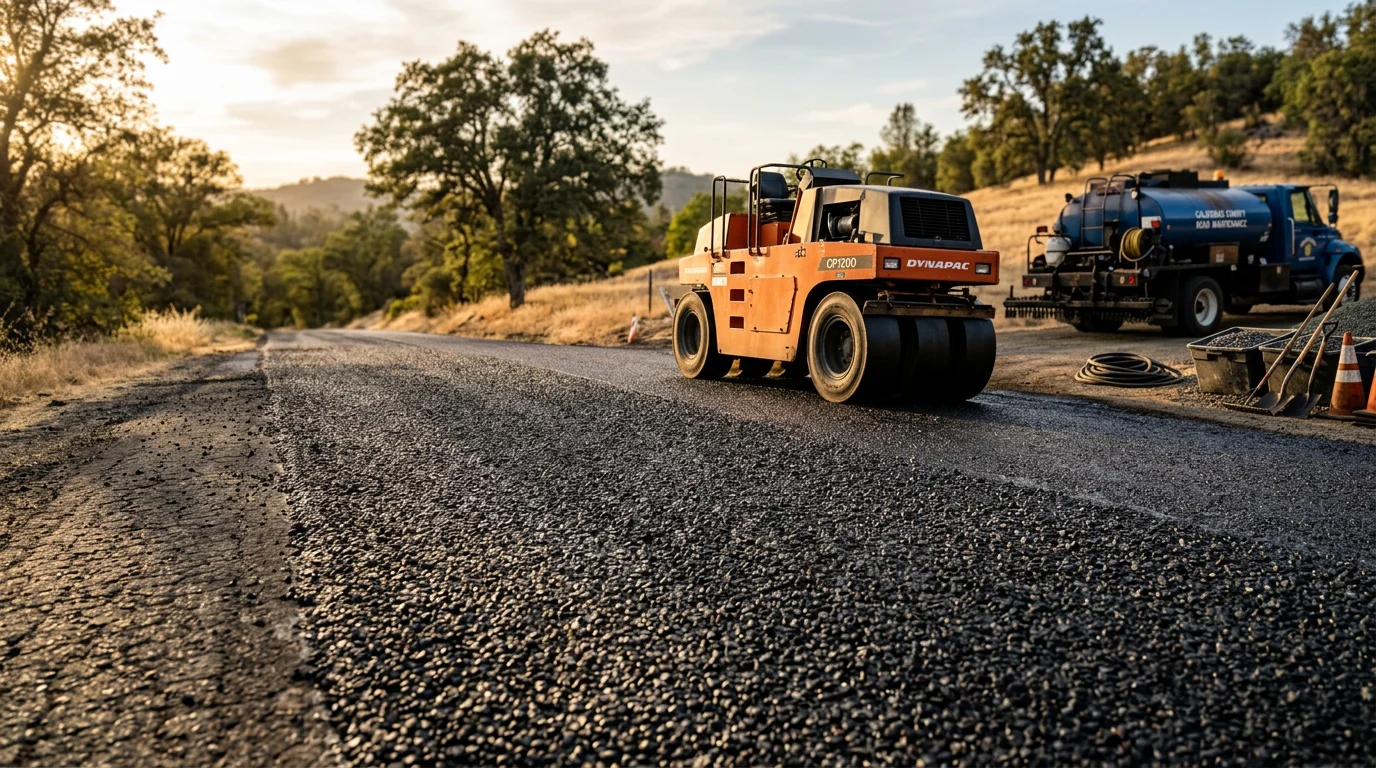 Freshly chip sealed rural driveway in Calaveras County, California, showing a textured stone aggregate surface along a tree-lined private road. Close view of the skid-resistant finish applied by Asphalt Sealing And Patching Inc.
