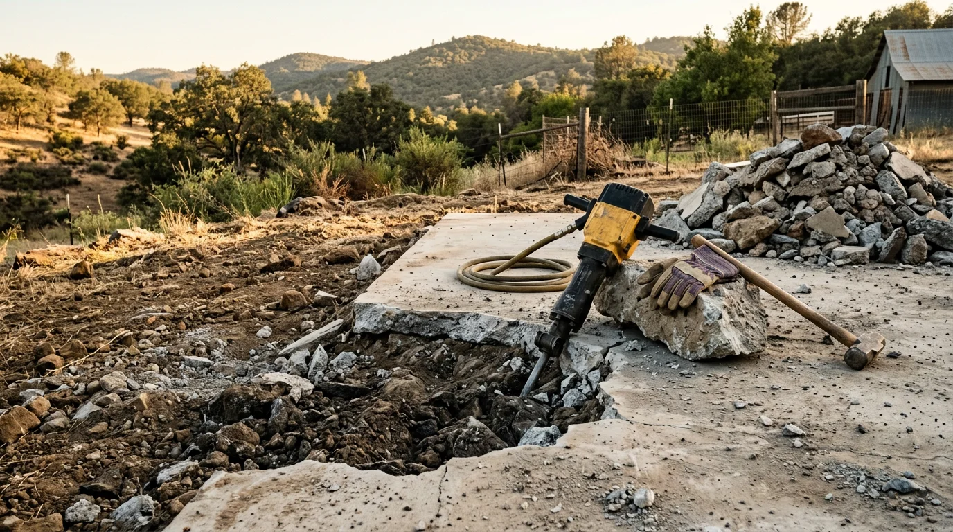 A concrete slab being broken apart and removed from a rural residential property in Calaveras County, California. Broken concrete pieces are staged for haul-off with cleared ground visible around the demolition area.