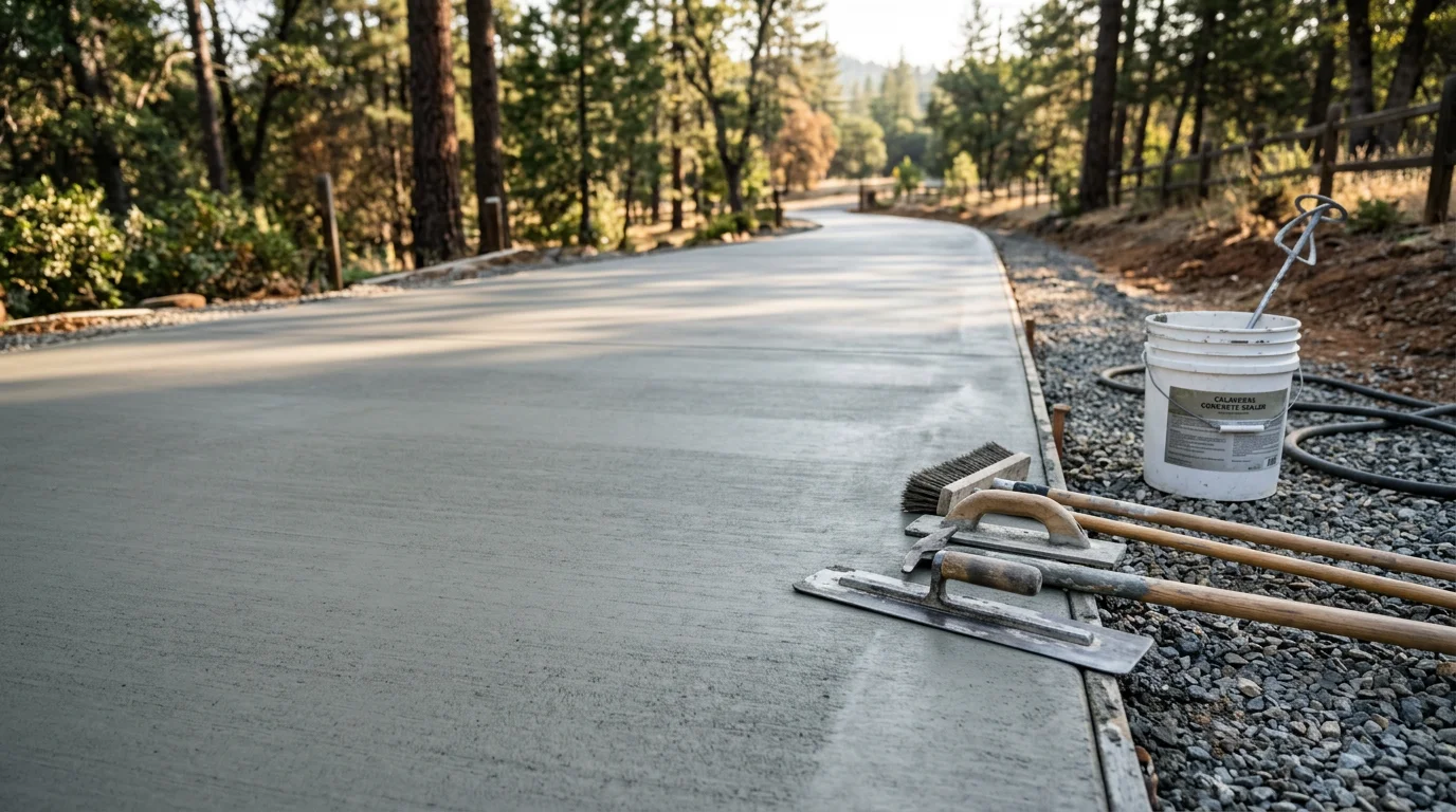 Freshly finished concrete driveway surface on a residential property in Calaveras County, California. The slab shows a clean broom finish with smooth troweled edges against a Sierra Nevada foothill landscape.