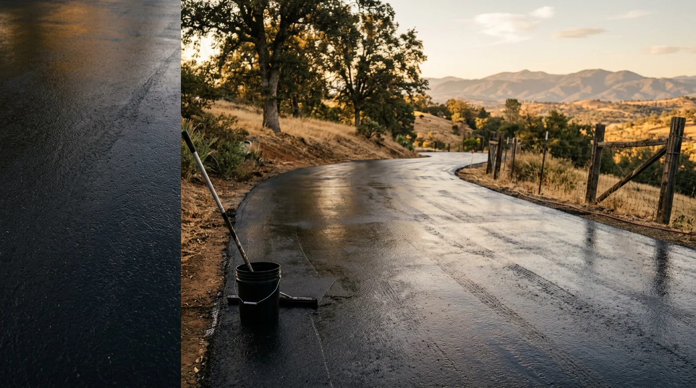 Freshly poured and finished concrete driveway on a rural residential property in Calaveras County, California. The surface runs along a graded slope with foothill terrain visible in the background.
