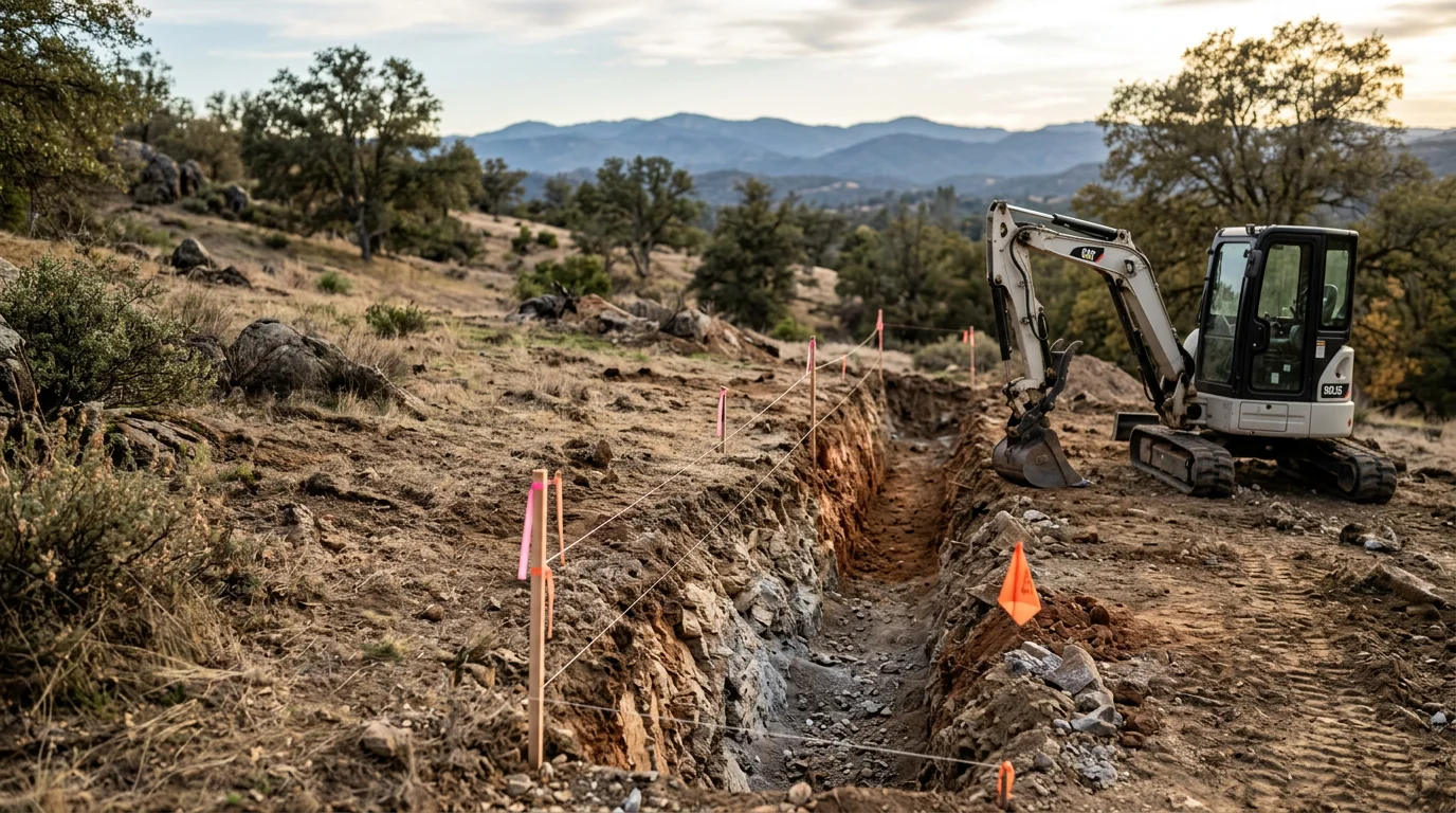 Excavation work in progress on a sloped residential property in Calaveras County, California. A cut has been made into rocky foothill terrain to prepare the ground for a driveway base.