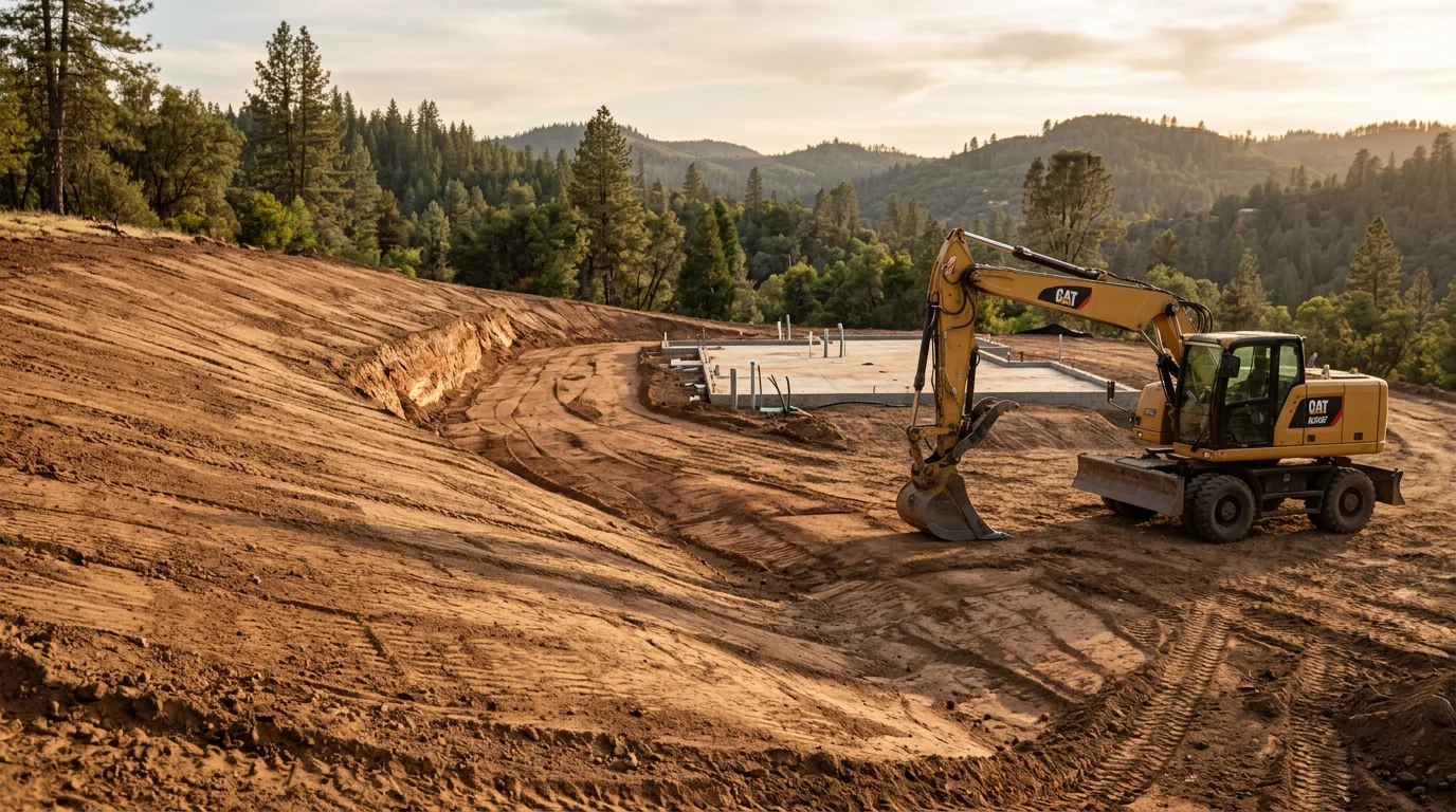 A graded hillside lot in Calaveras County with freshly compacted soil shaped to slope away from a building pad. Heavy equipment tracks are visible across the leveled surface, showing cut-and-fill work completed on foothill terrain.