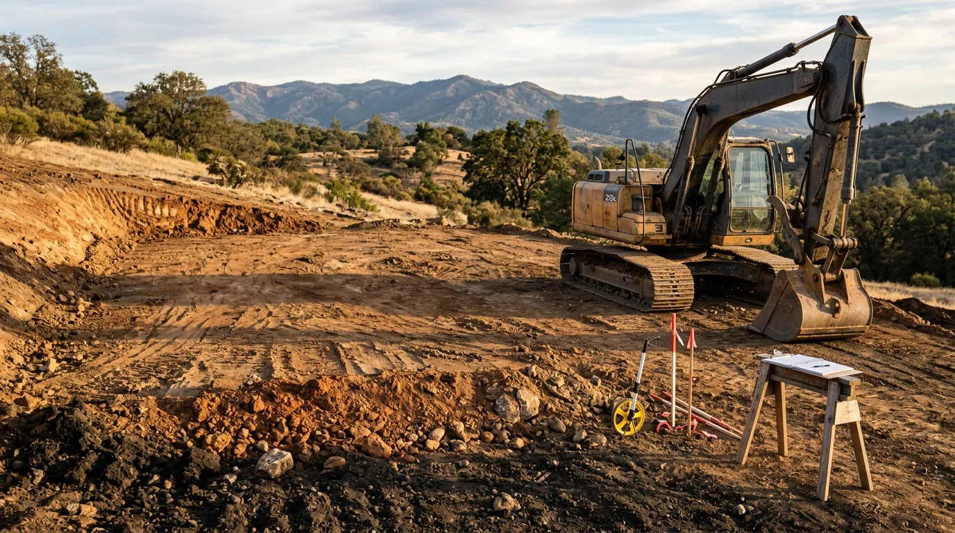 A cleared and leveled building site in the Sierra Nevada foothills of Calaveras County, with stripped soil and a compacted base ready for paving or construction. Rocky foothill terrain and dry grass are visible at the edges of the prepared area.