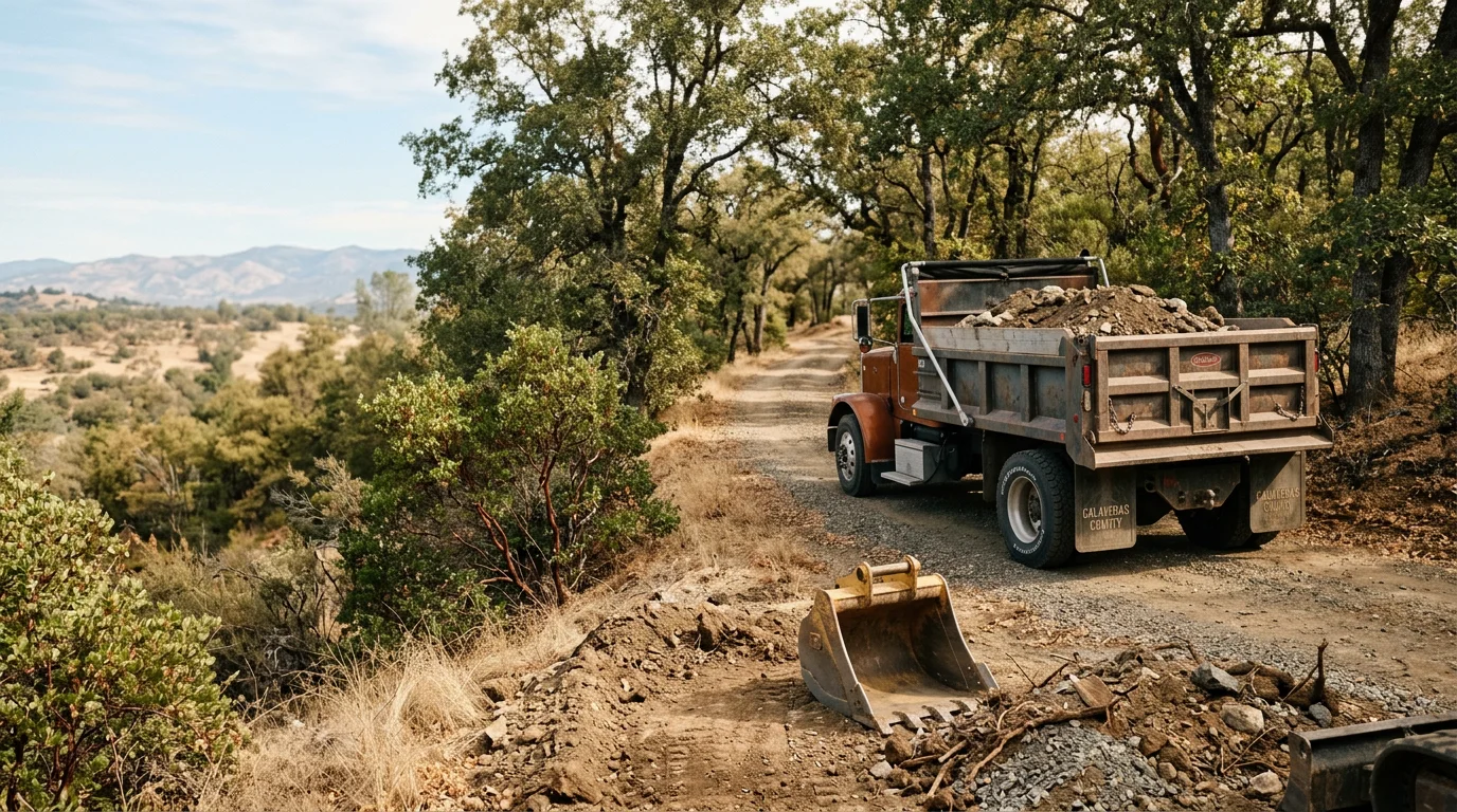 A dump truck loaded with excavated dirt on a rural job site in Calaveras County, California, with rolling foothills visible in the background. The truck is positioned on a gravel access road near an active construction area.