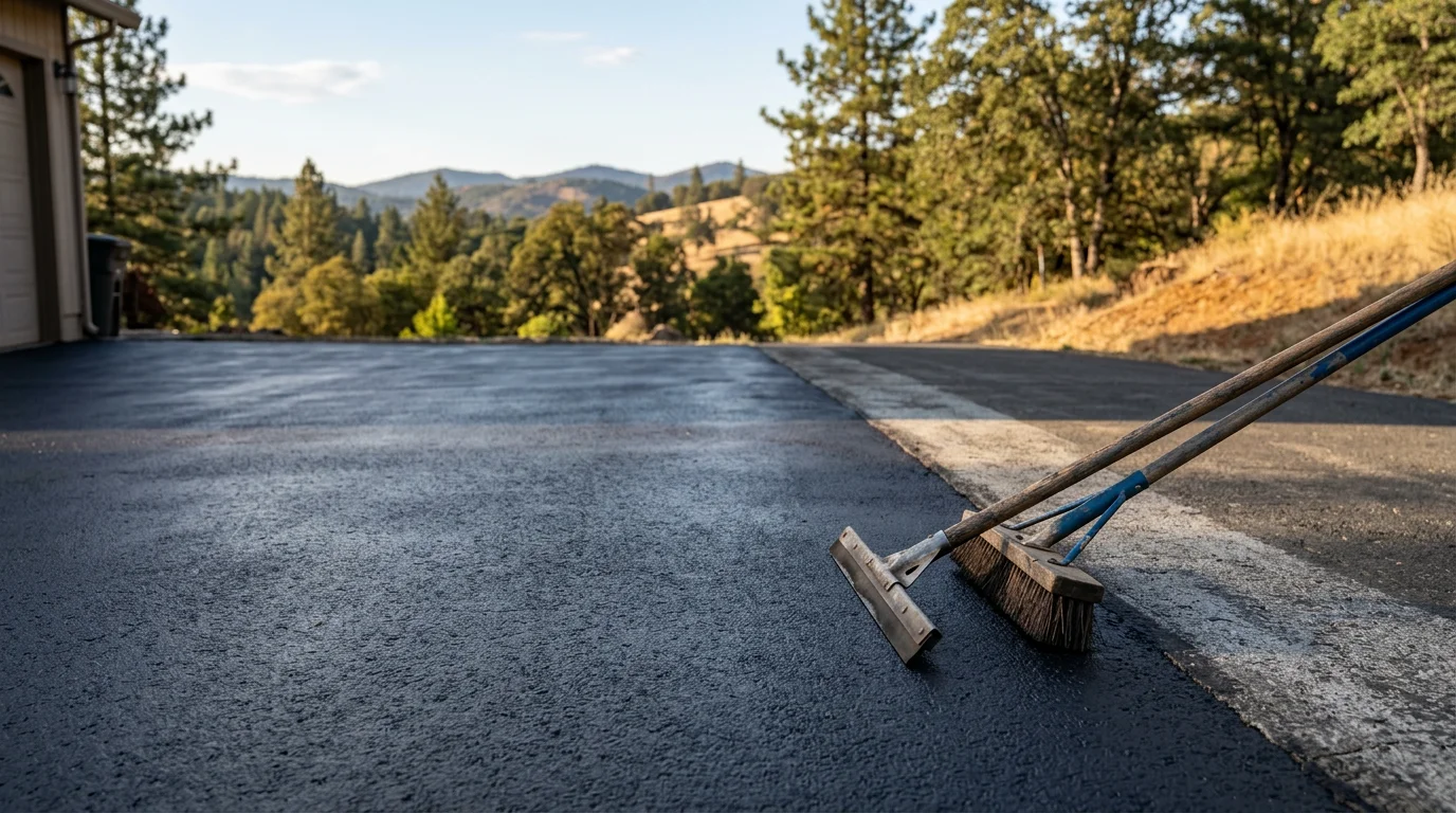 Freshly seal coated asphalt driveway on a rural residential property in Calaveras County, showing a uniform dark surface with clean edges against a dry foothill landscape. Close view highlights the smooth, protected finish on a previously faded asphalt surface.