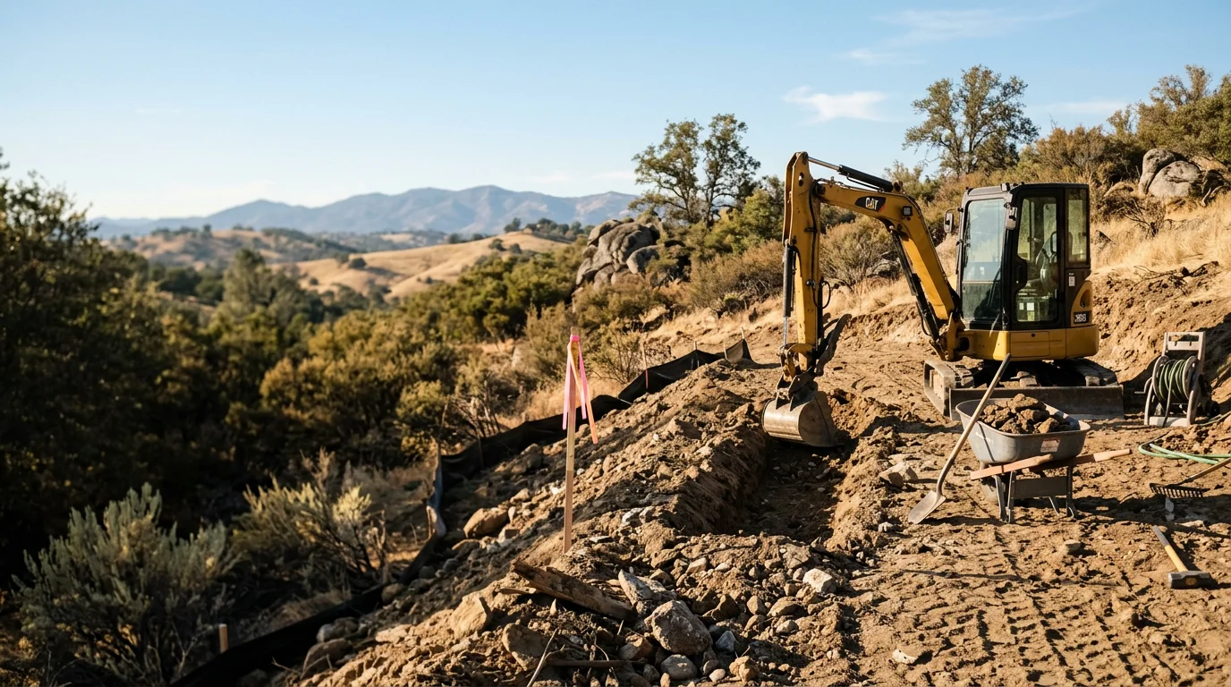 A cleared and leveled construction site on foothill terrain in Calaveras County, with stripped soil and shaped ground ready for paving or building. Heavy equipment sits at the edge of the prepared area against a backdrop of rolling Sierra Nevada foothills.
